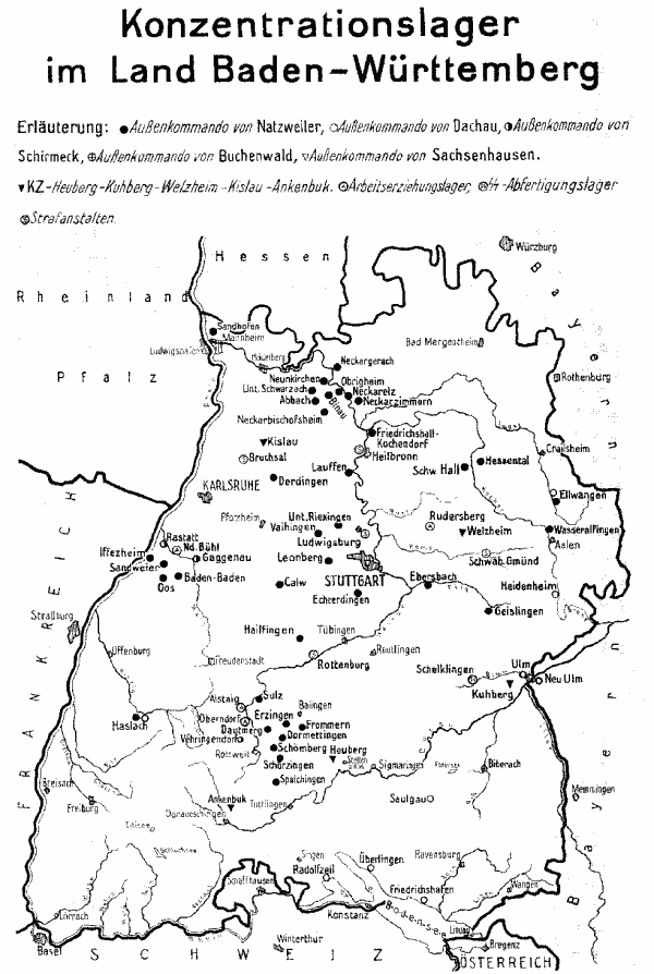 [Image: Karte der Lager von 1933-45 in Baden-Württemberg (Quelle: Julius Schätzle, Stationen zur Hölle, Frankfurt/Main, 1980)]